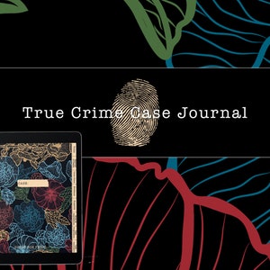 Könnte beinhalten: Ein digitales Tablet mit einem floralen Design-Journal mit dem Text "CARR" und "True Crime Case Journal" auf schwarzem Hintergrund. Der Hintergrund zeigt abstrakte Linien in Blau, Grün und Rot.