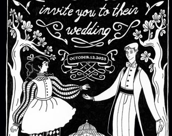 Custom Art Noveau Illustrated Aubrey Beardsley Ink Wedding Invitation