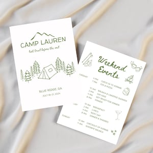 Camp Themed Bachelorette Party Itinerary Template | Custom Camp Bachelorette Bundle with Games | Mountain Bachelorette Party