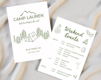 Camp Themed Bachelorette Party Itinerary Template | Custom Camp Bachelorette Bundle with Games | Mountain Bachelorette Party