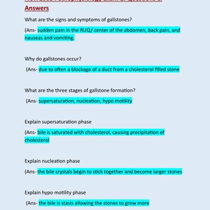 May include: A light blue page with the title "NUR 2063 Pathophysiology Exam 2: Questions & Answers." The text includes questions and answers about gallstones, their symptoms, causes, and stages of formation. Key terms are highlighted in light blue.