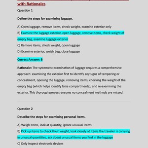 May include: A study guide document titled CBP Exam 7: CBP Exam 7 Study Guide: Questions and Answers with Rationales. The text presents two multiple-choice questions regarding luggage and personal item examination procedures with highlighted correct answers.