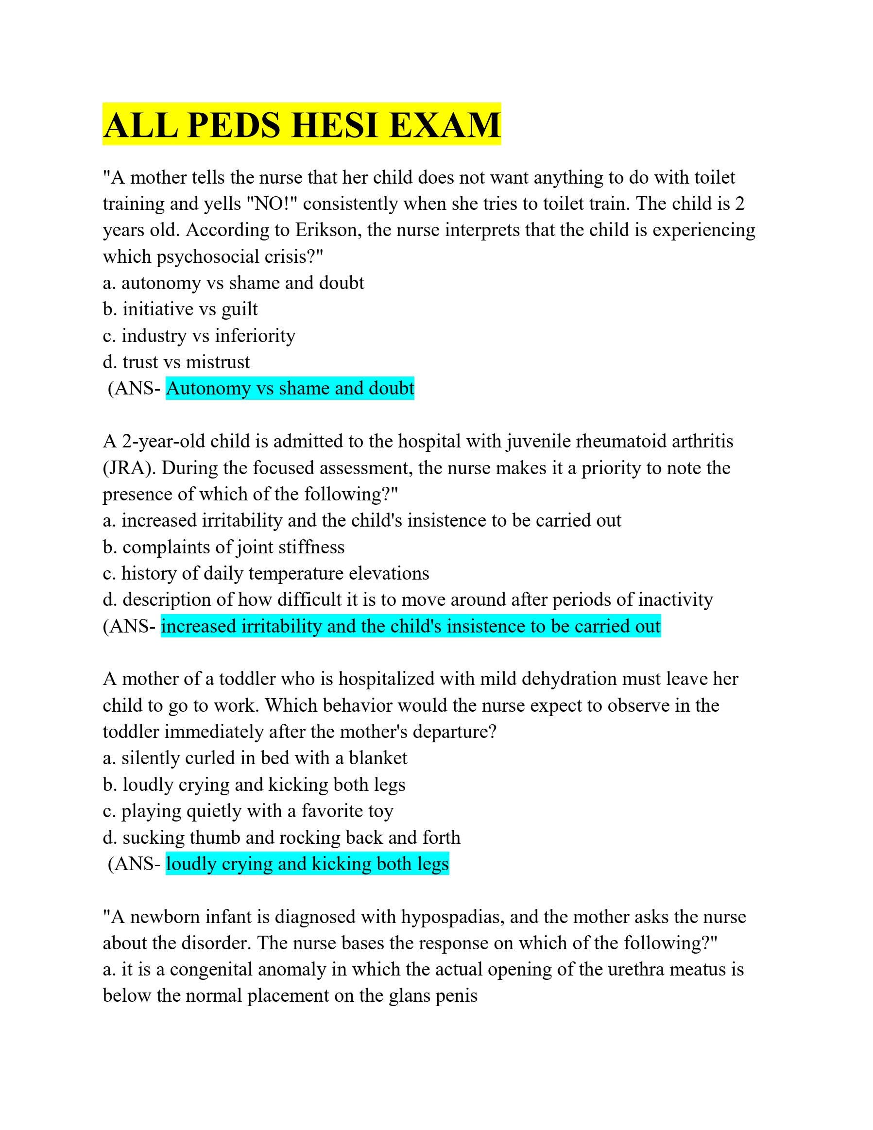 PEDS HESI EXAM