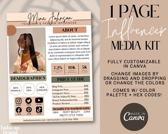 May include: A pink and green media kit template for a fashion influencer. The template includes a photo of the influencer, demographic information, engagement rates, pricing, and a list of brands the influencer has worked with. The text "1 PAGE Influencer MEDIA KIT" is at the top of the template. The text "FULLY CUSTOMIZABLE IN CANVA" is in the middle of the template. The text "MADE IN Canva" is at the bottom of the template.
