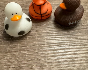 Sport themed rubber duckies Football, Basketball and Soccer . Individually or set of 3