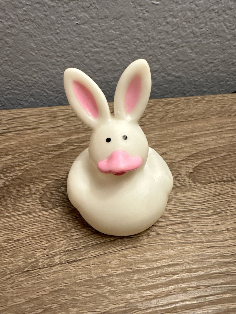May include: White rubber bath toy shaped like a bunny with pink ears and a pink nose.