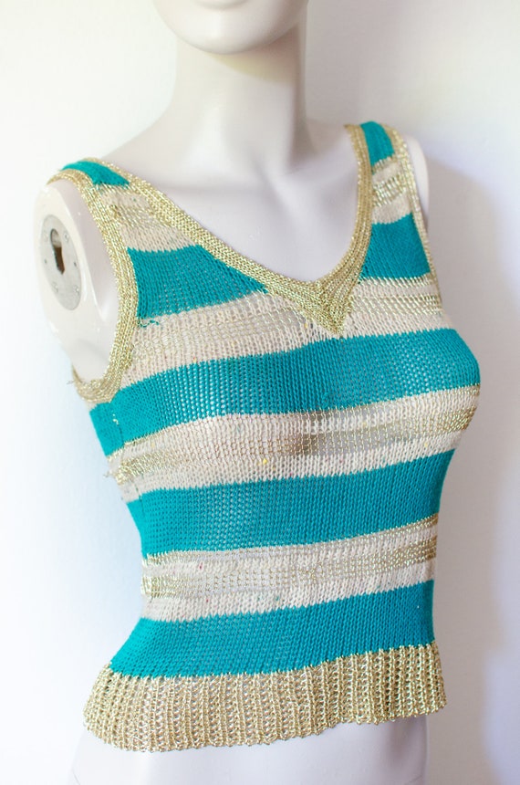 70's Knitted camisole tank top, turquoise and gol… - image 5