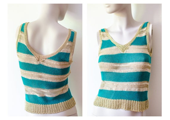 70's Knitted camisole tank top, turquoise and gol… - image 1