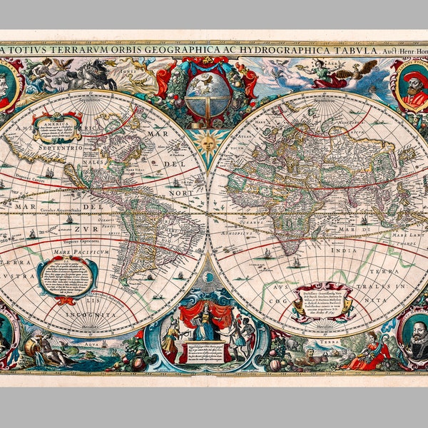 Antique World Map - Printable World Map Wall Art - Large world map instant digital download-Henricus_Hondius-Cartographer-Mercator_Atlas-