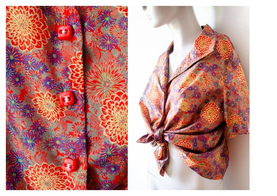 40's 50's blouse with psychedelic floral print. H… - image 2