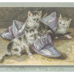 Carte de Noël chat / Chatons jouant avec une chaussure sur une vieille carte postale avec vœux de Noël / Téléchargement numérique éphémère imprimable