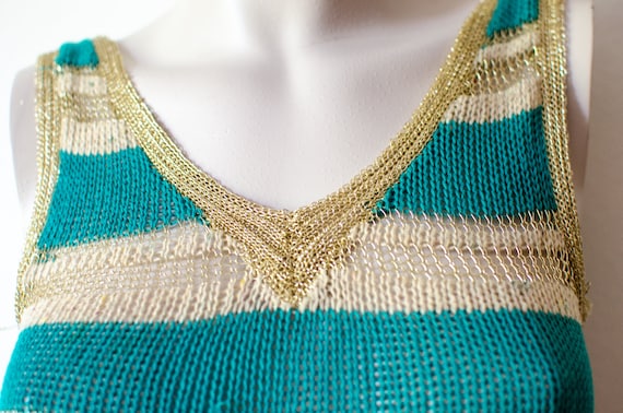 70's Knitted camisole tank top, turquoise and gol… - image 7