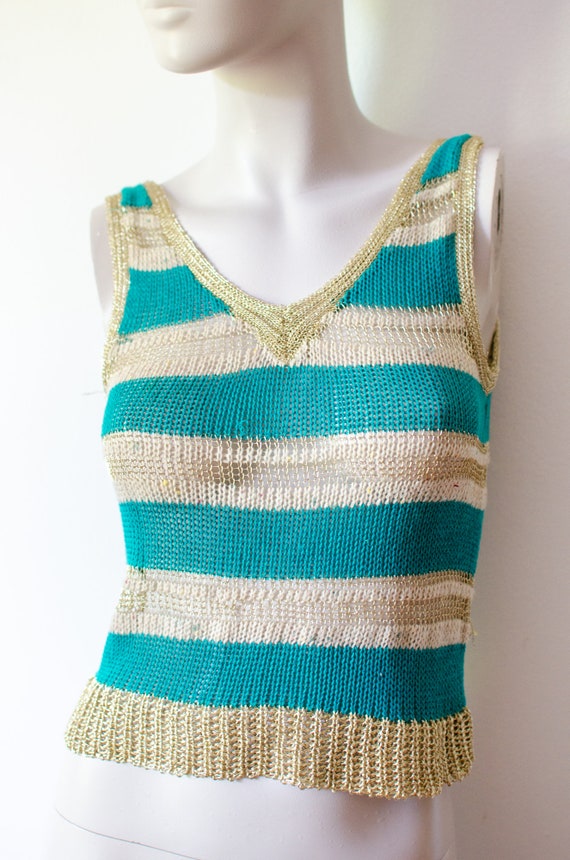 70's Knitted camisole tank top, turquoise and gol… - image 3