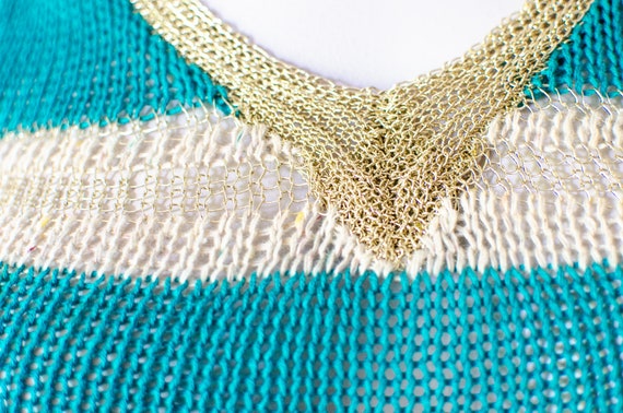 70's Knitted camisole tank top, turquoise and gol… - image 2