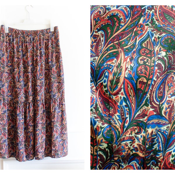 100% Viscose Maxi Skirt with Paisley pattern fabric / Vintage multicolour boho hippie style skirt