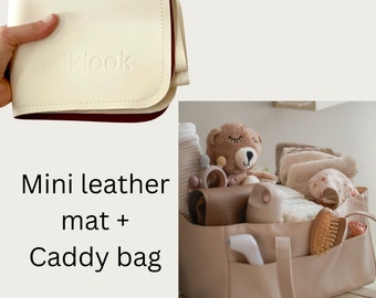 Uniklook Bundle Vegan Leather Baby Caddy Diaper bag Basket Storage Nursery Organizer Nappy Bin + Portable Changing pad Shower Gift