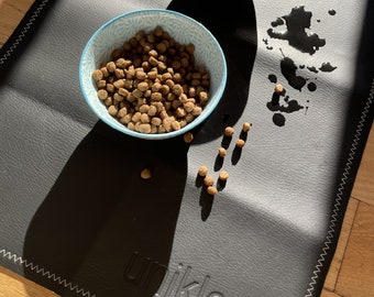 Uniklook Black Cream Vegan Leather Pet food mat Waterproof Dog Mat for food + water Cat mat Leather mat Placemat Feeding mat Dog Cat