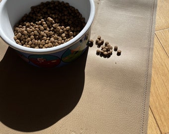 Uniklook Tan + Gray Vegan Leather Pet food mat Waterproof Dog Mat for food + water Cat mat Leather mat Placemat Feeding mat Dog Cat