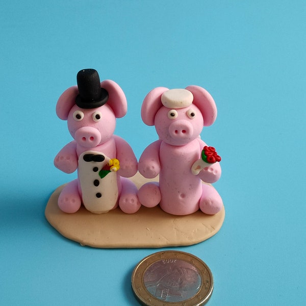 Tortenfigur Hochzeit Brautpaar Schwein Handarbeit aus Fimo nur auf Bestellung