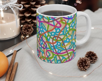 Colourful Abstract Artistic Mug, Unique Gift for Art Lovers, Home Decor, Morning Coffee, Fun Patterns, Great for Birthdays