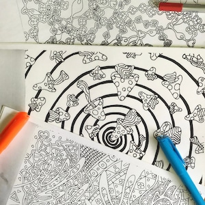 Doodleart, Psychedelic Wall Art Colouring Prints set of 3. Black and white. Abstract Art.