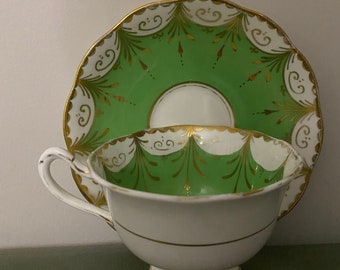 50% SALE  Vintage Royal Albert Crown China England green and white with gold trim cup and Saucer- used