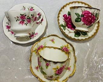 Vintage Bulk Lot of 3 Tea Cups and saucers  Rose Tea   Royal Albert,  Adderley  ,bone KENT   ( selling lot only)