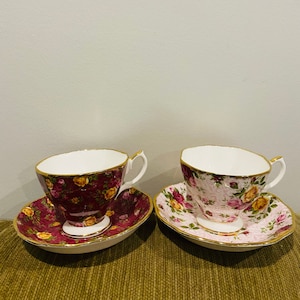 2 SETS ( 55 dollars each set)  Royal Albert Old Country Roses Ruby Lace Tea Cup and Saucer Set and Damask Series Soft Pink