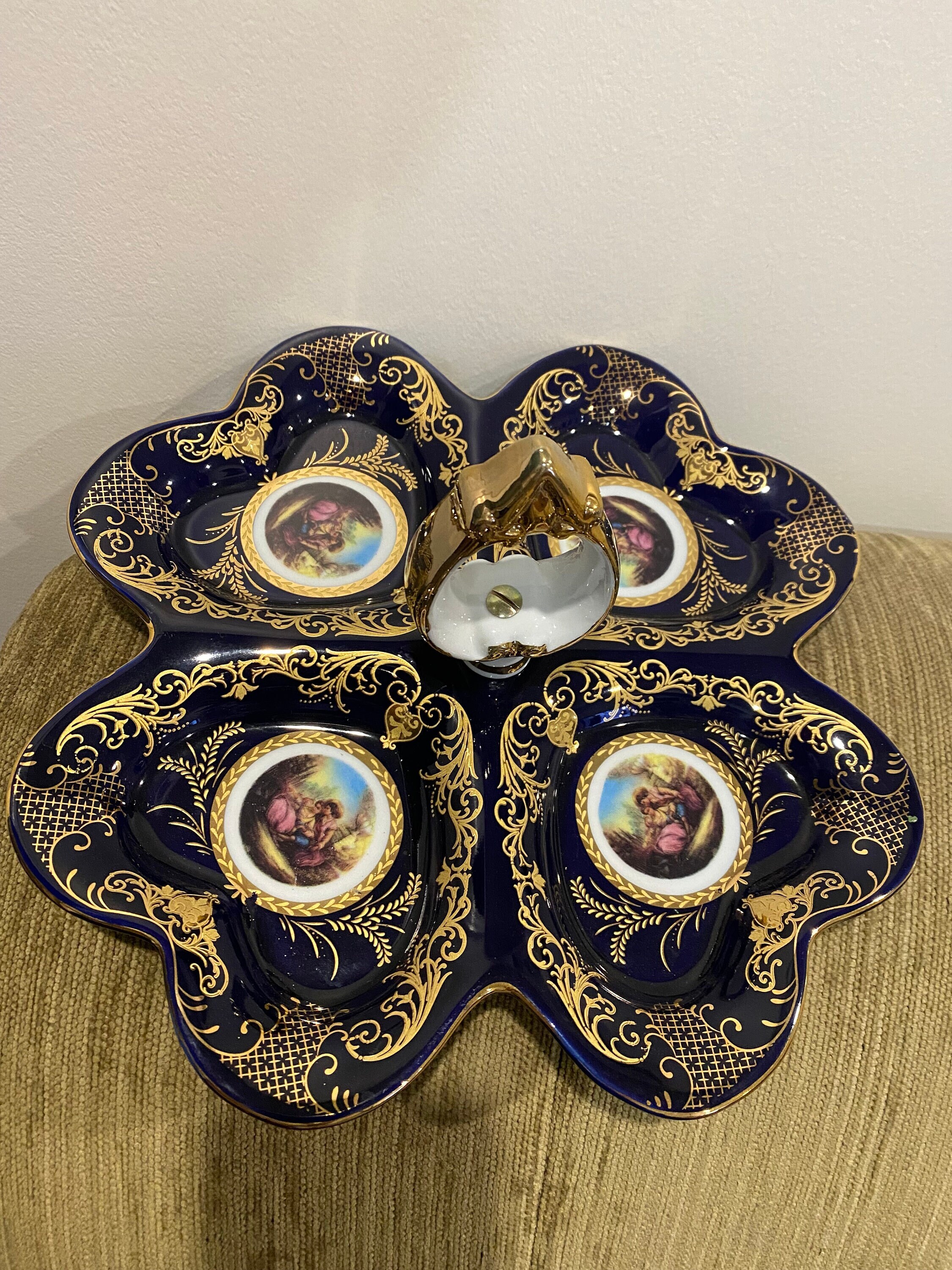 Cobalt Blue and Gold Divided  Heard Dish / 4 Cameos / Handled Candy Dish *