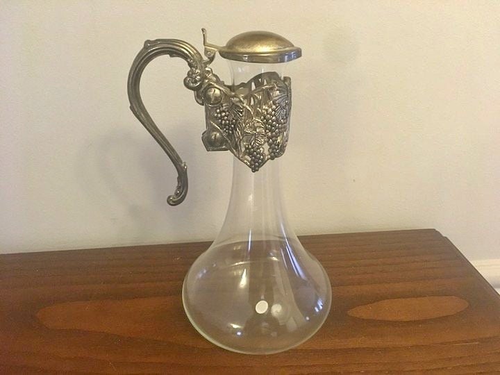 Vintage Antique glass SILVER DECANTER Ornate Design Flip Open The Lid Wonderful Condition!