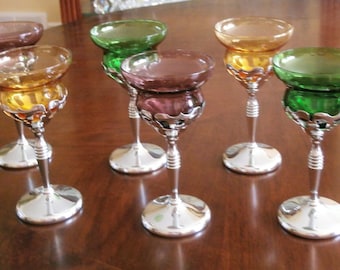 Juego de 6 vasos de cóctel Art Deco Farberware Chrome con tallo cromado de Cambridge Glass, 2 morados, 2 verdes y 2 ámbar