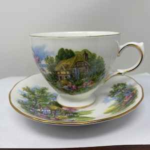 Vintage Royal Vale Bone China Teacup and Saucer  - Country Cottage Scene - Vintage English China