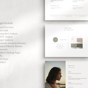 May include: A document outlining the pages included in a brand guide. These pages cover brand overview, mini audit, competitor analysis, SWOT analysis, target audience, customer awareness journey, content pillars & themes, keywords, platform strategy pages, KPIs, next steps, and contact. The document also includes sections on brand assets and brand voice.