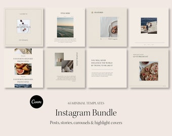 65 Minimalist Instagram Templates - Minimalist Instagram Bundle - Highlight Covers, Stories & Posts - Editable Canva Templates