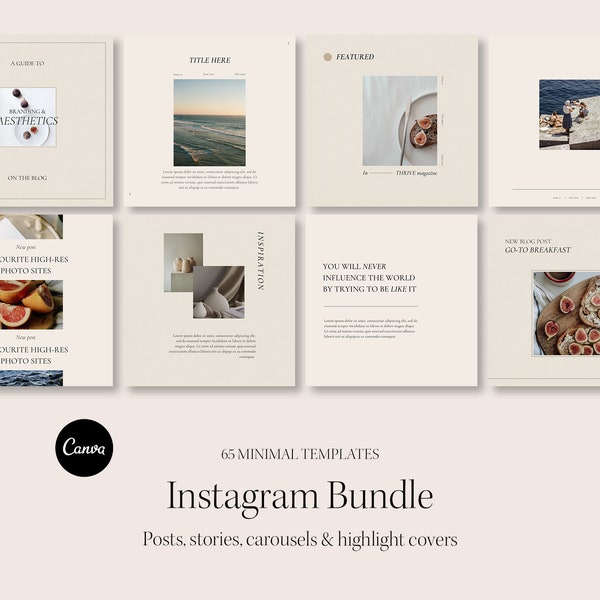 65 Minimalistische Instagram Templates - Minimalistisches Instagram Bundle - Highlight Covers, Stories & Posts - Bearbeitbare Canva Templates