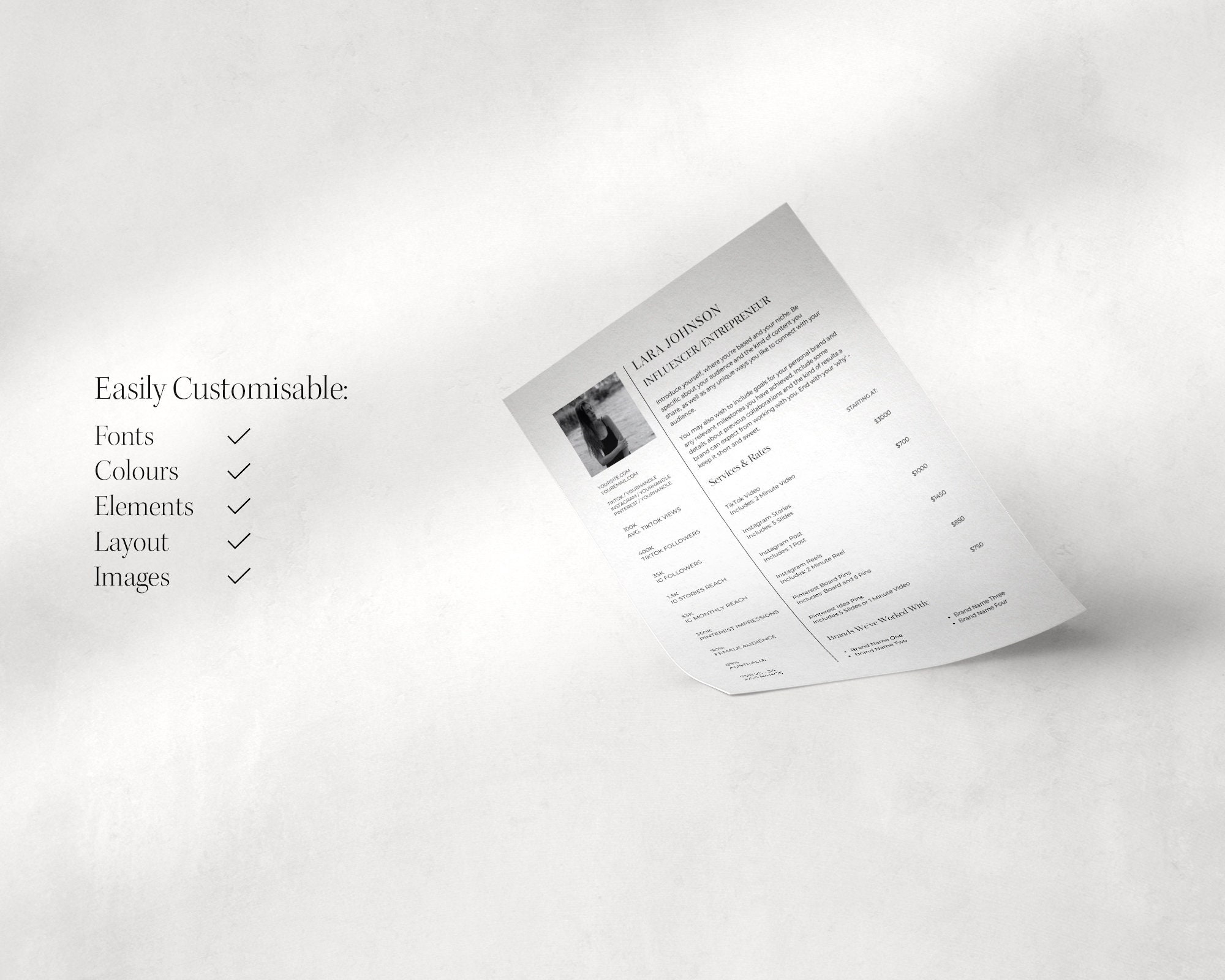 Pr Kit Card Sample Influencer Media Kit & Rate Card Template | Minimalist One Page Press ...