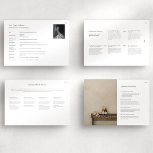 May include: Four pages of a workbook with the titles "Your Target Audience", "Customer Pillars & Themes", "Awareness Journey", and "Audience Pain Points". The pages are white with black text and a few images.