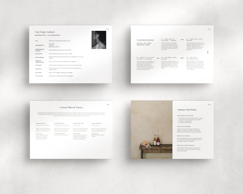 May include: Four pages of a workbook with the titles "Your Target Audience", "Customer Pillars & Themes", "Awareness Journey", and "Audience Pain Points". The pages are white with black text and a few images.