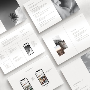May include: A black and white image of a social media marketing strategy guide. The guide includes sections on Facebook, Instagram Feed, Setting Goals, Next Steps, and Questions? Reach Out. The guide is designed to help businesses grow their online presence.