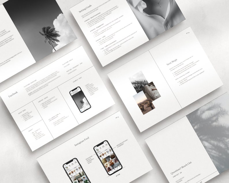 May include: A black and white image of a social media marketing strategy guide. The guide includes sections on Facebook, Instagram Feed, Setting Goals, Next Steps, and Questions? Reach Out. The guide is designed to help businesses grow their online presence.