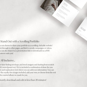 Puede incluir: Un gr&aacute;fico de texto con el t&iacute;tulo "Stand Out with a Scrolling Portfolio" y "All Inclusive..." El texto describe los beneficios de usar un sitio web de portafolio desplazable, incluida la posibilidad de compartirlo como un enlace de presentaci&oacute;n o descargarlo como un PDF. Tambi&eacute;n menciona que el portafolio incluye im&aacute;genes libres de regal&iacute;as y se puede descargar y editar en menos de 20 minutos.