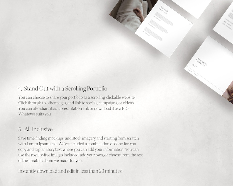 Puede incluir: Un gr&aacute;fico de texto con el t&iacute;tulo "Stand Out with a Scrolling Portfolio" y "All Inclusive..." El texto describe los beneficios de usar un sitio web de portafolio desplazable, incluida la posibilidad de compartirlo como un enlace de presentaci&oacute;n o descargarlo como un PDF. Tambi&eacute;n menciona que el portafolio incluye im&aacute;genes libres de regal&iacute;as y se puede descargar y editar en menos de 20 minutos.