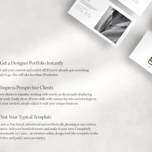 Puede incluir: Una maqueta de una plantilla de portafolio de dise&ntilde;ador con texto que dice "Obtenga un portafolio de dise&ntilde;ador al instante", "Impresione a clientes potenciales" y "No es su plantilla t&iacute;pica". La plantilla est&aacute; dise&ntilde;ada para ayudar a los dise&ntilde;adores a mostrar su trabajo y atraer clientes.