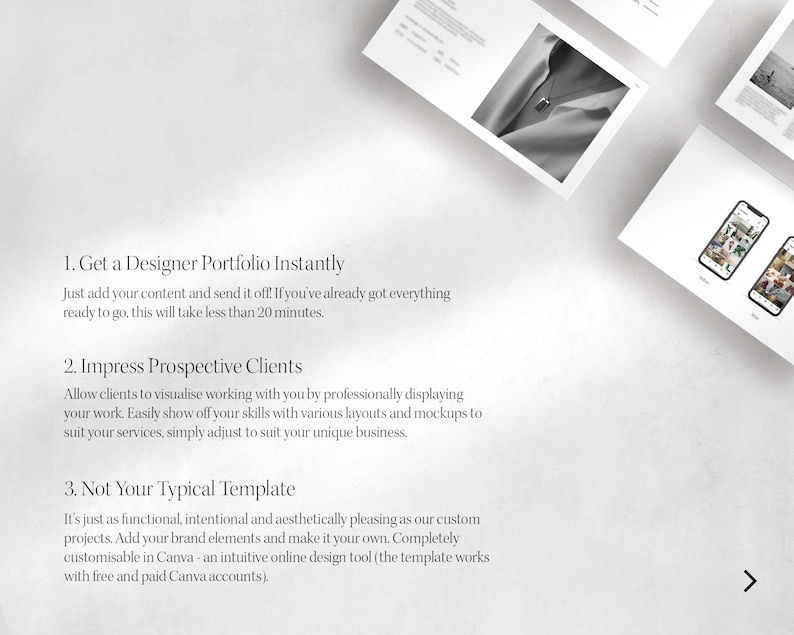 Puede incluir: Una maqueta de una plantilla de portafolio de dise&ntilde;ador con texto que dice "Obtenga un portafolio de dise&ntilde;ador al instante", "Impresione a clientes potenciales" y "No es su plantilla t&iacute;pica". La plantilla est&aacute; dise&ntilde;ada para ayudar a los dise&ntilde;adores a mostrar su trabajo y atraer clientes.