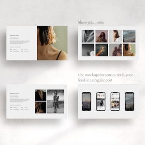 Puede incluir: Maqueta de una pantalla de tel&eacute;fono que muestra una fuente de medios sociales con fotos y videos. El texto "Show your posts" y "Use mockups for stories, reels, your feed or a singular post" se muestra arriba y abajo de la maqueta del tel&eacute;fono.