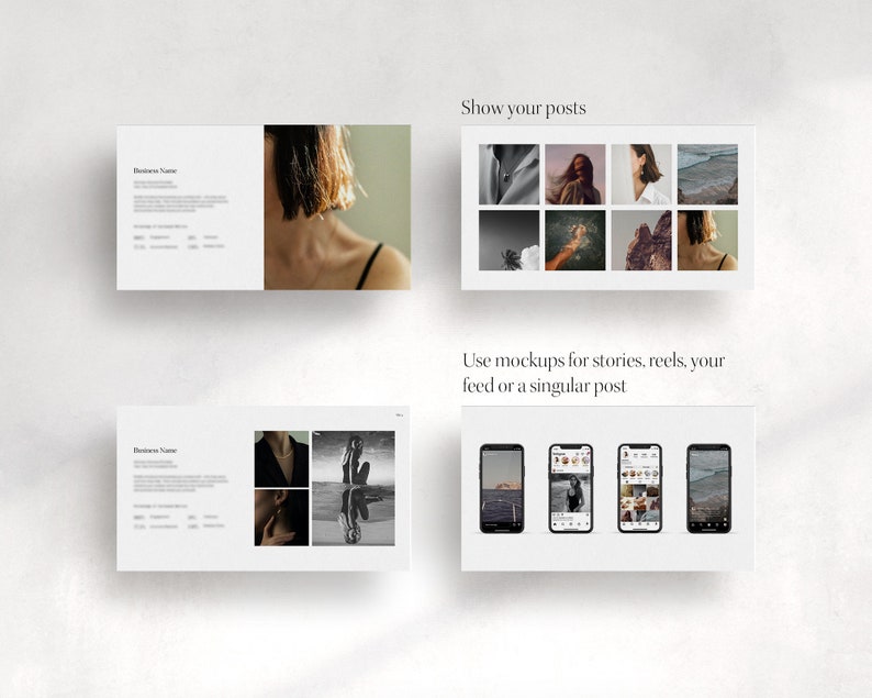 Puede incluir: Maqueta de una pantalla de tel&eacute;fono que muestra una fuente de medios sociales con fotos y videos. El texto "Show your posts" y "Use mockups for stories, reels, your feed or a singular post" se muestra arriba y abajo de la maqueta del tel&eacute;fono.