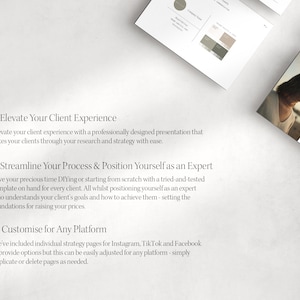 May include: A document outlining three steps to elevate your client experience, streamline your process, and position yourself as an expert. The document includes tips for creating a professional presentation, using a tried-and-tested template, and customising your strategy for any platform.