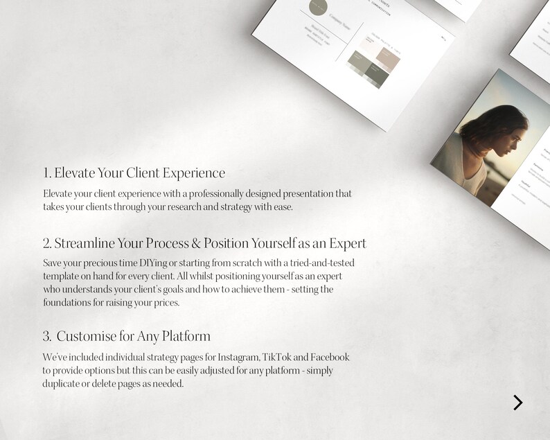 May include: A document outlining three steps to elevate your client experience, streamline your process, and position yourself as an expert. The document includes tips for creating a professional presentation, using a tried-and-tested template, and customising your strategy for any platform.