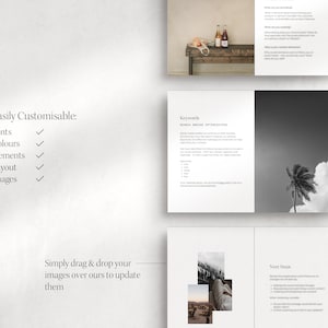 May include: A black and white image of a palm tree against a cloudy sky. This image is part of a guide on search engine optimisation (SEO) for Etsy listings. The guide includes sections on keywords, easily customisable elements, and next steps.