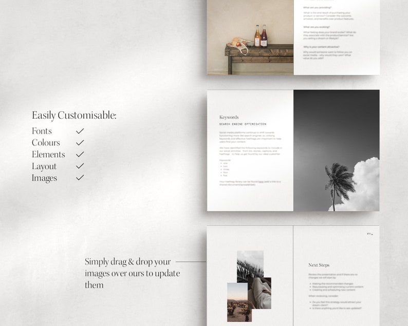 May include: A black and white image of a palm tree against a cloudy sky. This image is part of a guide on search engine optimisation (SEO) for Etsy listings. The guide includes sections on keywords, easily customisable elements, and next steps.
